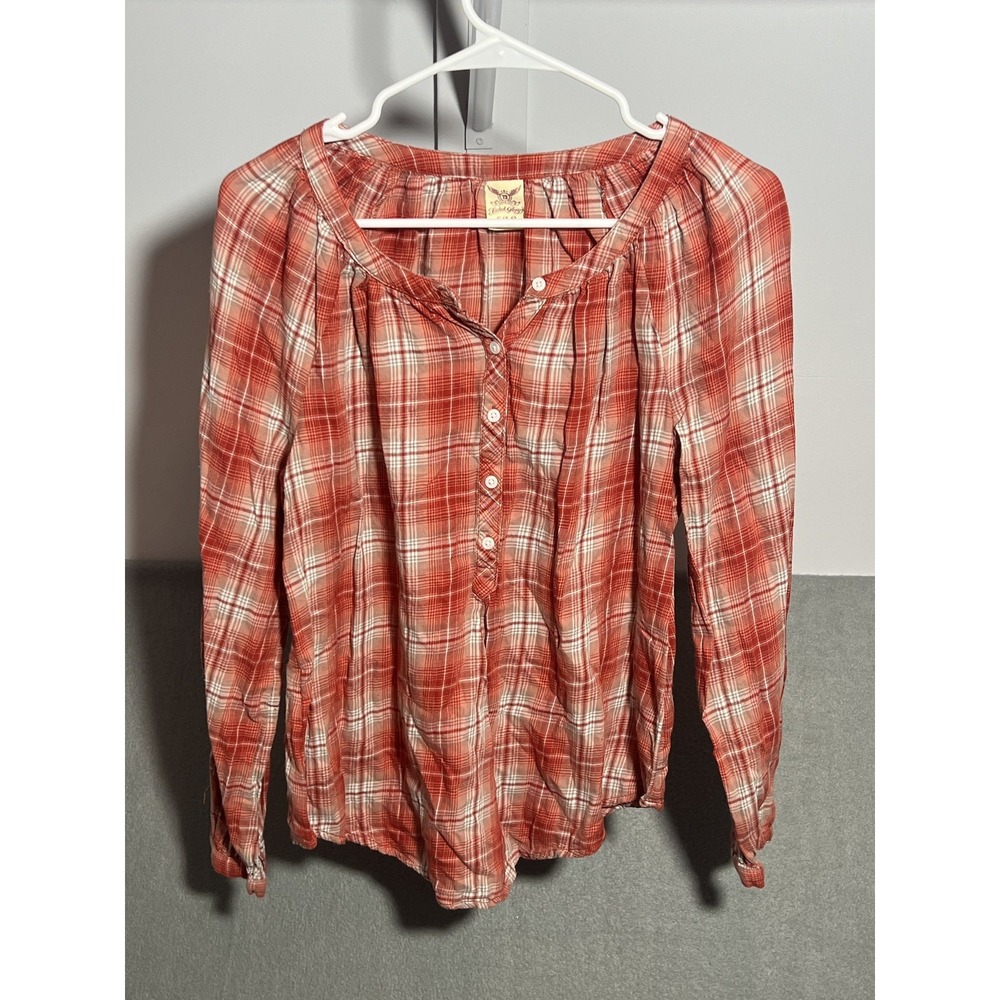 Faded Glory Women's Small S (4-6) Red Orange Plaid Cotton Long Sleeve Blouse Top